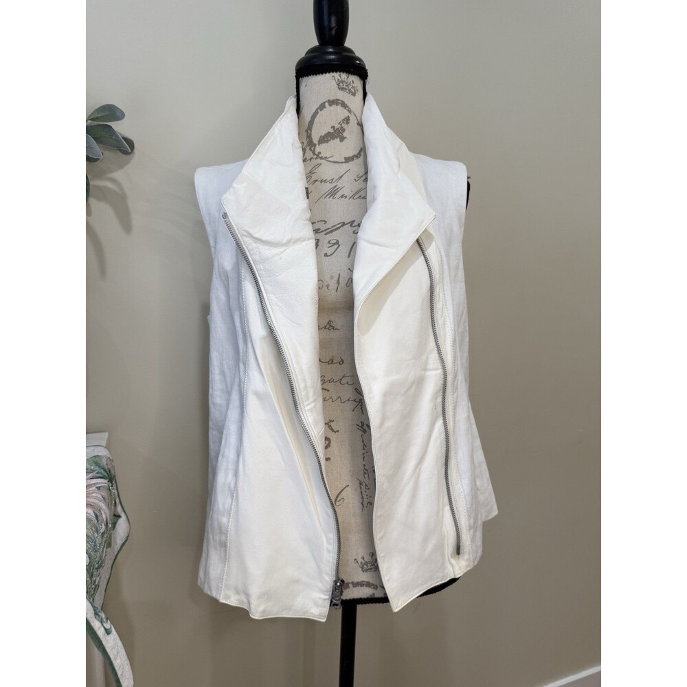 VINCE Asymmetric Leather Linen Moto Vest Sz L Cream Ivory White Zip MSRP $625